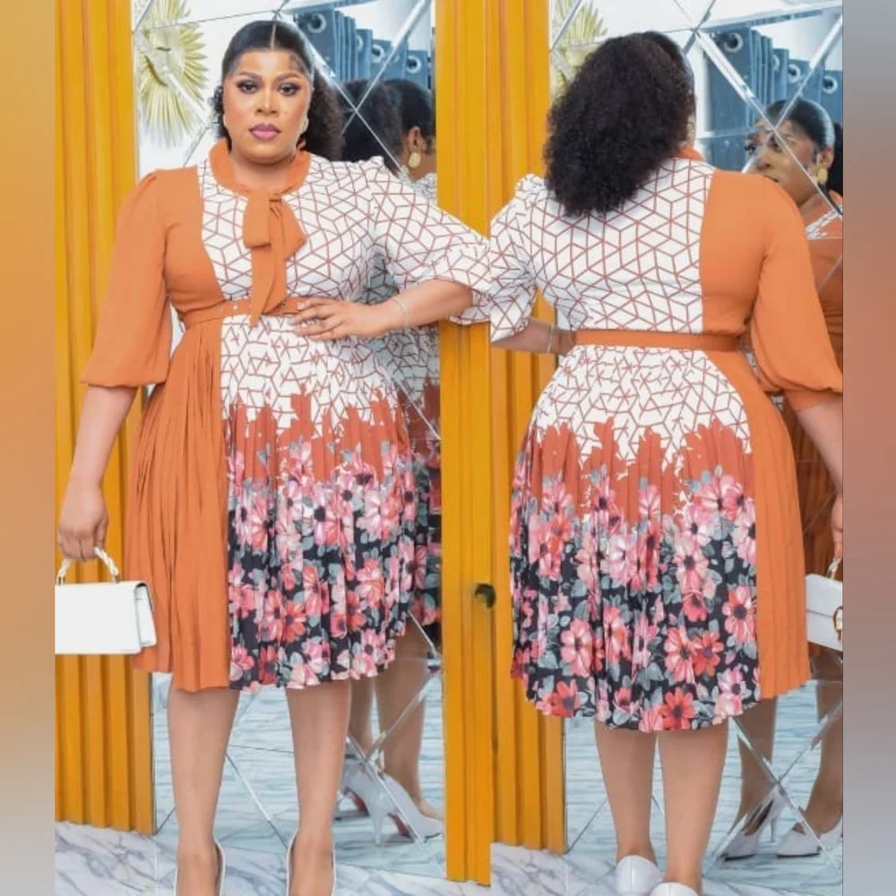 NWT Orange, White & Pink Floral Print Pleated Dress